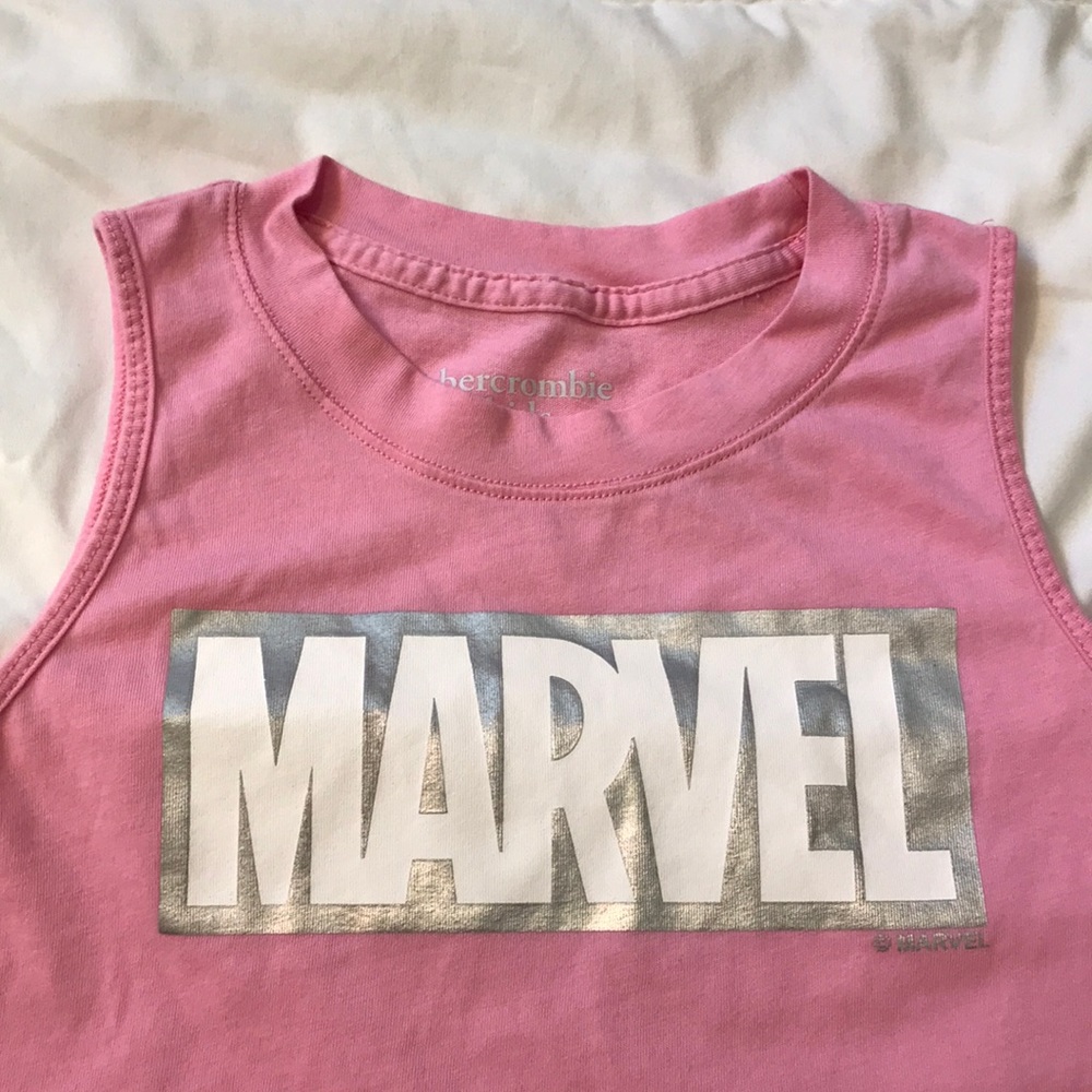 Pink Abercrombie Kids tank with silver Marvel logo